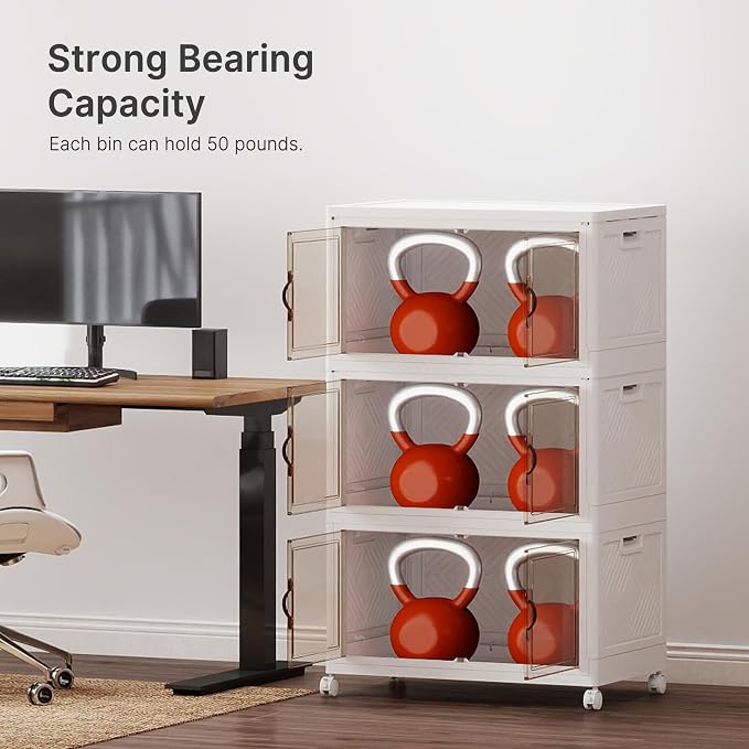 Stackable Storage Bins with Lids, 330QT Lockable Storage Cabinet | Closet Organizers, Foldable Storage Box with Doors and Wheels, Plastic Drawers for Home, Garage, Office (3, White, Plus)