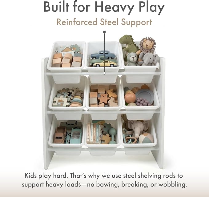 Humble Crew Kids Toy Organizer with 9 Bins, 3 Tier Storage for Playroom | Sturdy wood and steel toddler shelf, removable BPA-free containers, wall anchor anti-tip safety kit for bedroom or classroom