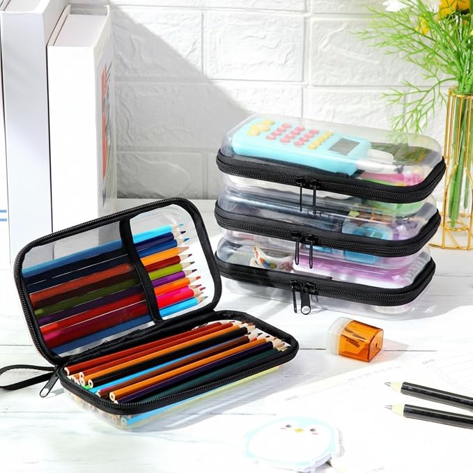 Sanwuta 4 Pcs Clear Hard Shell Zipper Case Plastic Case, Black | Plastic Portable Travel Organizer Bin with Mesh, Pocket Toiletry Pouch, Cosmetics Makeup Bag, Snack Toiletry Bag