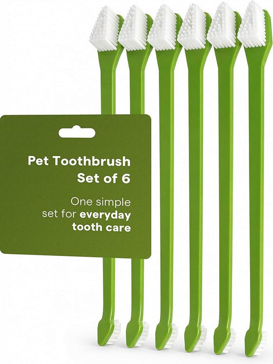 Pet Toothbrush Set of 6 for Dogs & Cats - Dual-Head Dog Toothbrush with Soft Nylon Bristles - Long Handle for Daily Dental Care - Home Use Toothbrush Pack for Small to Large Breed Pets - eBook + App