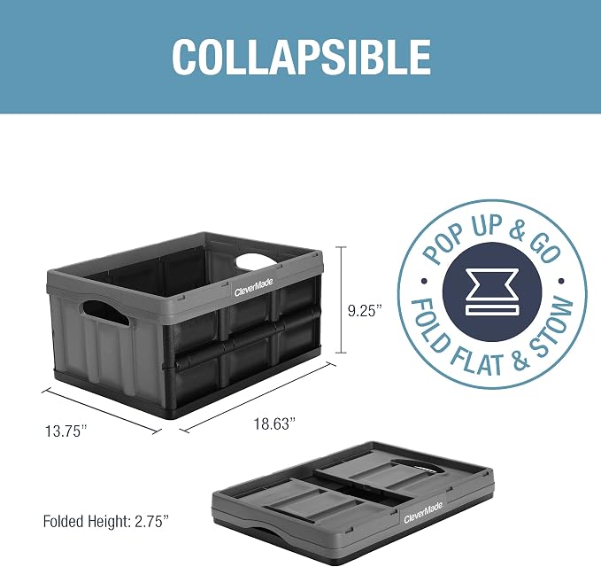 CleverMade Collapsible Storage Bins, 32L, 3 Pack Foldable Storage, Stone | Turn Trunk and Garage Clutter into Stackable Order | Reinforced Plastic Handles Up to 66 lb, Then Nests Compactly When Folded