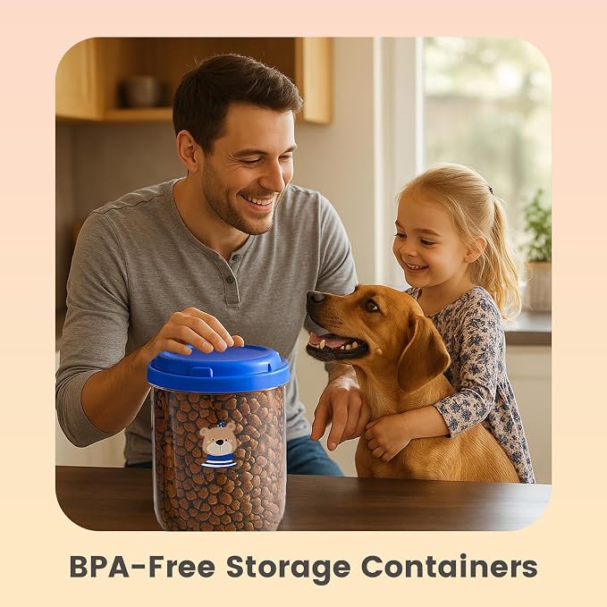 3-Pack Airtight Dog Treat Container Set - Clear Plastic Pet Food Storage Canisters for Kitchen Counter Pantry Organization - Small Stackable Jars for Cat Snacks, Bird Hamster Food, Blue Lids