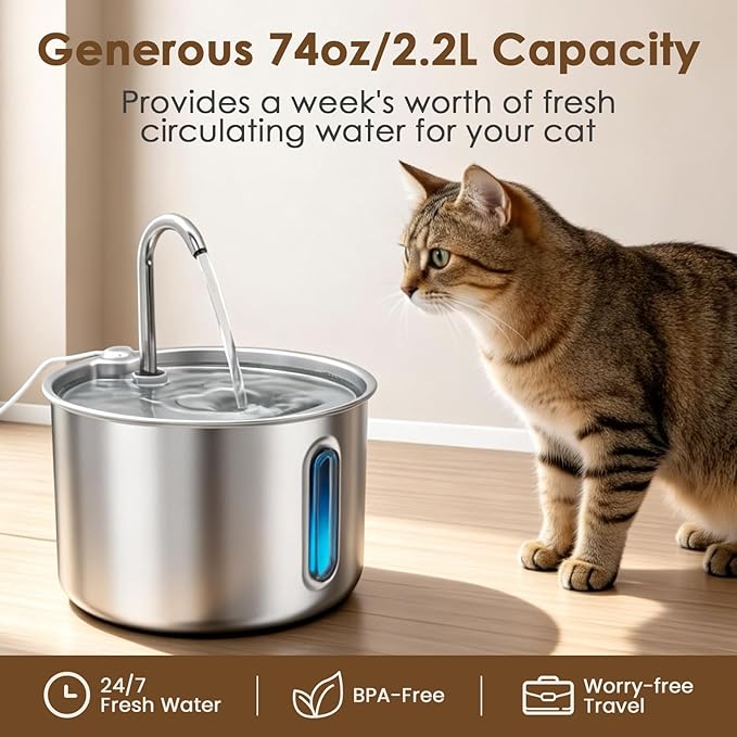 Stainless Steel Cat Water Fountain, 74oz/2.2L Automatic Pet Water Dispenser with 3 Filters & 2 Water Outlets, Quiet Indoor Drinking Fountain for Cats Small Dogs, Water Level Window