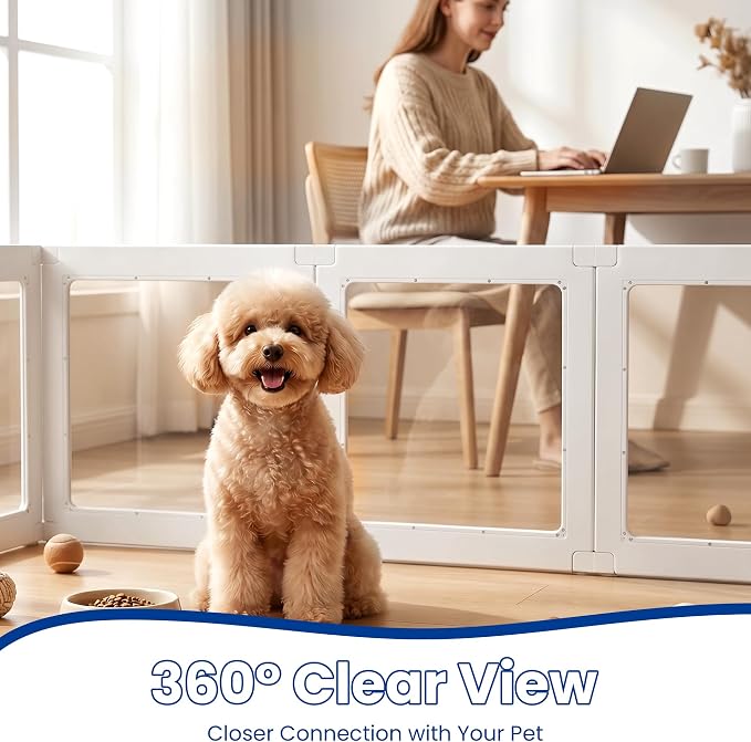 LEVELEVE Clear Acrylic Dog Playpen Indoor, Small Pet Play Pen for Puppy Cat Rabbit, Portable Dog Fence Crate Kennel Whelping Cage, 24" Height, White, 10 Panels