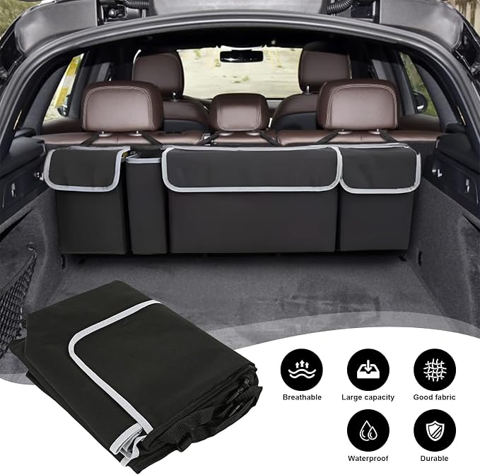 Car Trunk Organizer, Trunk Hanging Large Storage with Adjustable Straps, Waterproof Collapsible Cargo Storage Bag with 4 Pockets, Car Interior Accessories for SUV, Truck