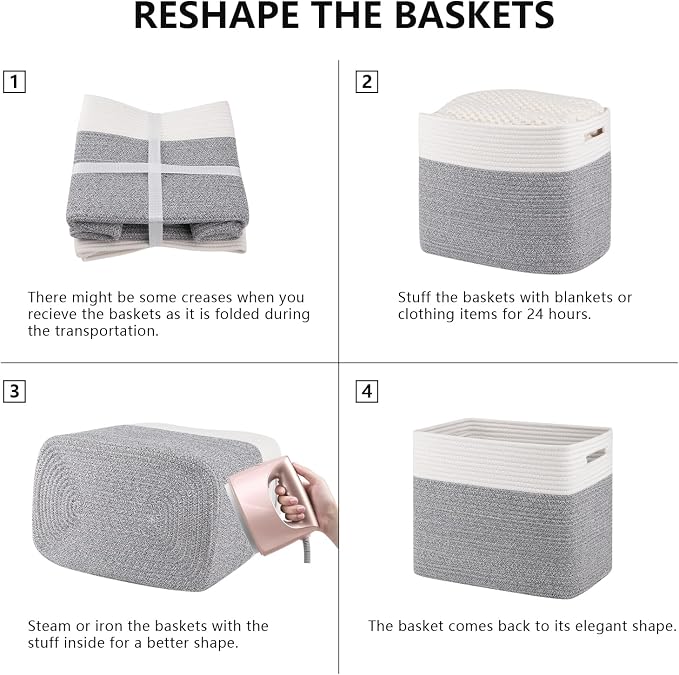 OIAHOMY 2 PACK Tall Storage baskets 42L Blanket Basket Living Room Grey | Large Collapsible Storage Bins Narrow Basket Baskets for Closet Organization Storage Baskets for Shelves Toy Storage Basket