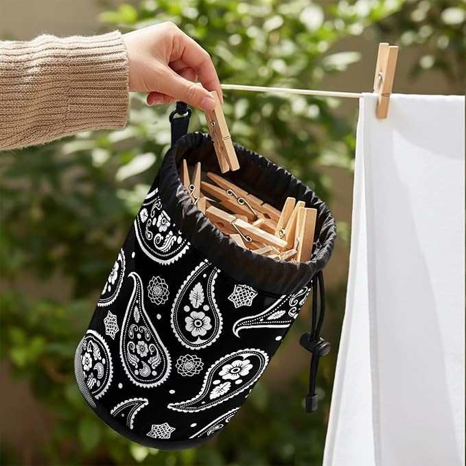 Paisley Pattern Clothespin Storage Bag, Drawstring Laundry Peg Organizer Pouch with Hanging Grommet, Portable Clips Holder for Drying Rack, Camping, RV & Dorm Use