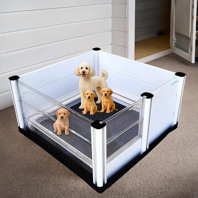Whelping Box for Dogs and Puppies with Clear Window Panel – 36 Inch Modular, Easy-Clean, Safe Design with Pig Rail, Floor Liner & Washable Pad | Premium Small to Medium Breeds