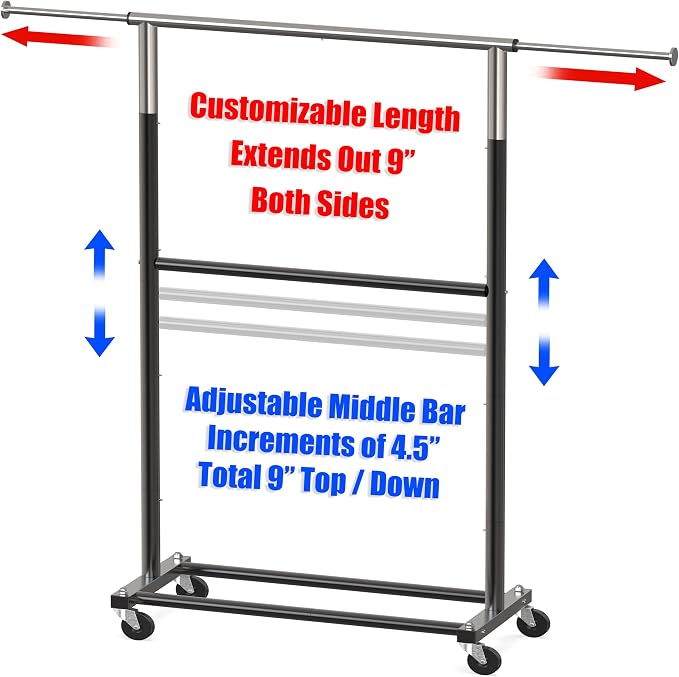 Simple Houseware Double Rod Adjustable Clothing Garment Rack, Black | Extendable Width from 30 to 48 Inches