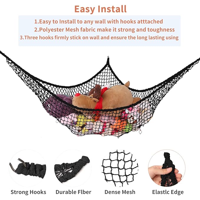 Stuffed Animal Hammock, Toy Hammock Storage Net, LXUNYI Mesh Toy Net Holder Jumbo Wall Corner Giant Baby Kids Children Stuff animals Hammocks Net Organizer for Bedroom (Black, 84 inch)