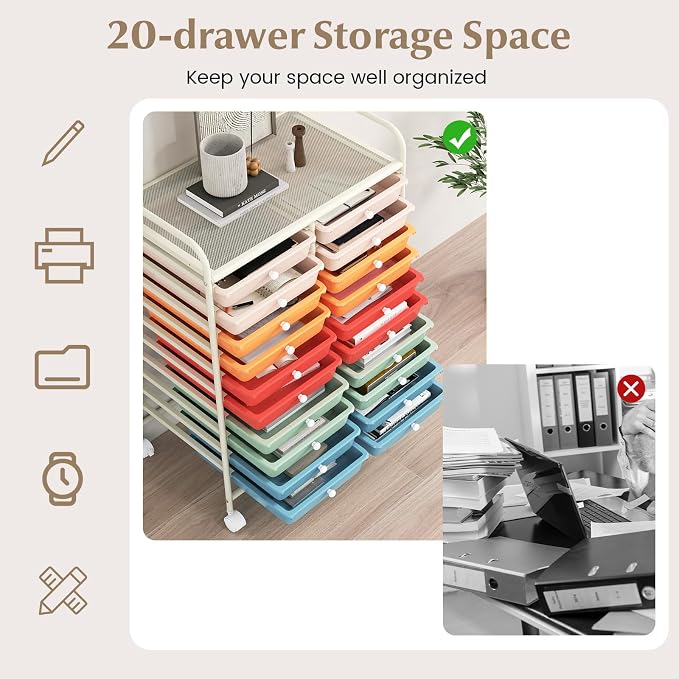 20 Drawer Rolling Storage Cart, Art Cart Organizer with Wheels for Makeup, Tool, Paper, Multipurpose Craft Storage Cart with Drawers for Office, Home, Classroom, School (Macaron Color)