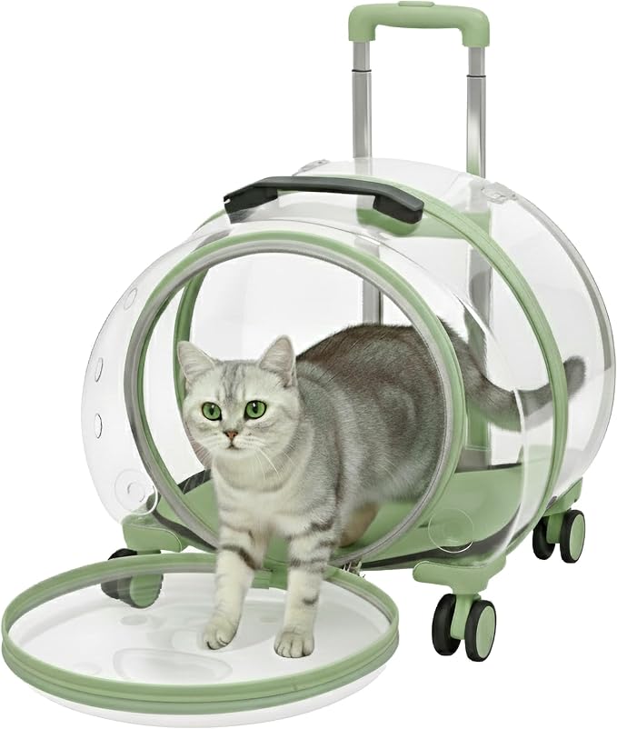 Transparent Hard Shell Cat Carrier with Wheels, Green | Rolling cat carrier, 17-lb max load, Breathable, Telescoping handle, Shoulder strap, Clear pet carrier, Portable, Travel