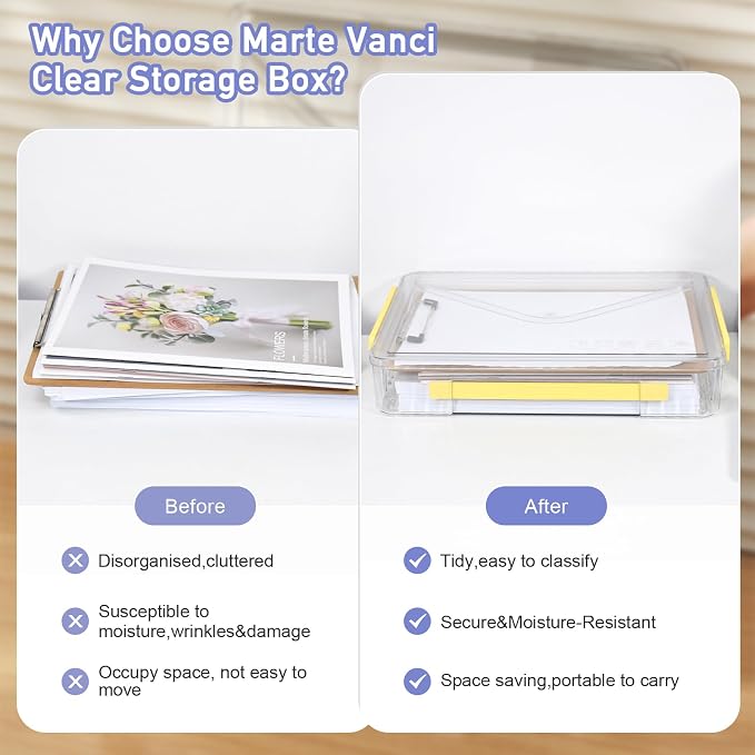 Marte Vanci Plastic Storage Bin with Lid Portable Project Case with Handle Clear Storage Box Transparent File Document Protector Stackable Container for A4 Letter Paper Photo Crafts Scrapbook
