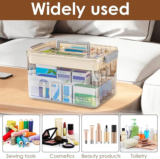 Medicine Organizer Storage Box with Handle, Plastic First Aid Box Empty, Thickened Medicine Container Chest, Multipurpose Medical Case with Lids(transparent color)