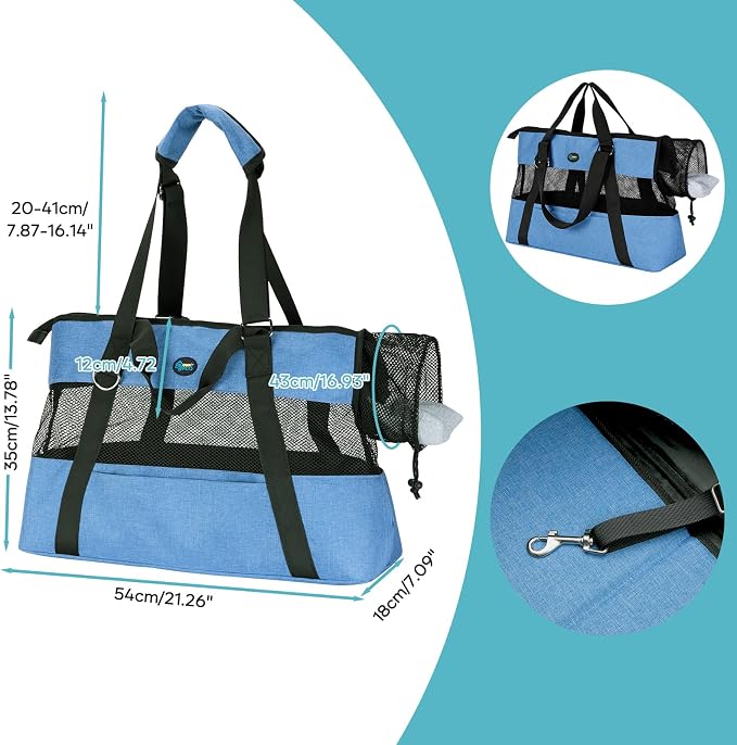 Ownpets XL Cat Dog Purse Carrier, Blue Breathable Mesh, Fits 20lbs | Summer ventilation, lightweight design, shoulder strap, travel vet shopping, blue