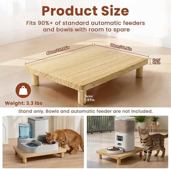 Large Cat Food Stand for Automatic Feeder & Bowls, 15.7" x 11.8" Heavy Duty Solid Wood Cat Bowl Stand, 2.8" Raised Wooden Cat Feeding Table Station with Anti-Slip Feet