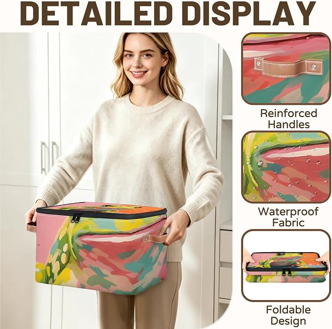 Watercolor Frog Foldable Storage Bin with Lid Zipper | Closet Shelf Organizer, Boxes, Basket Containers for Home, Lidded Storage Cube for Bedroom, Waterproof, with Handles