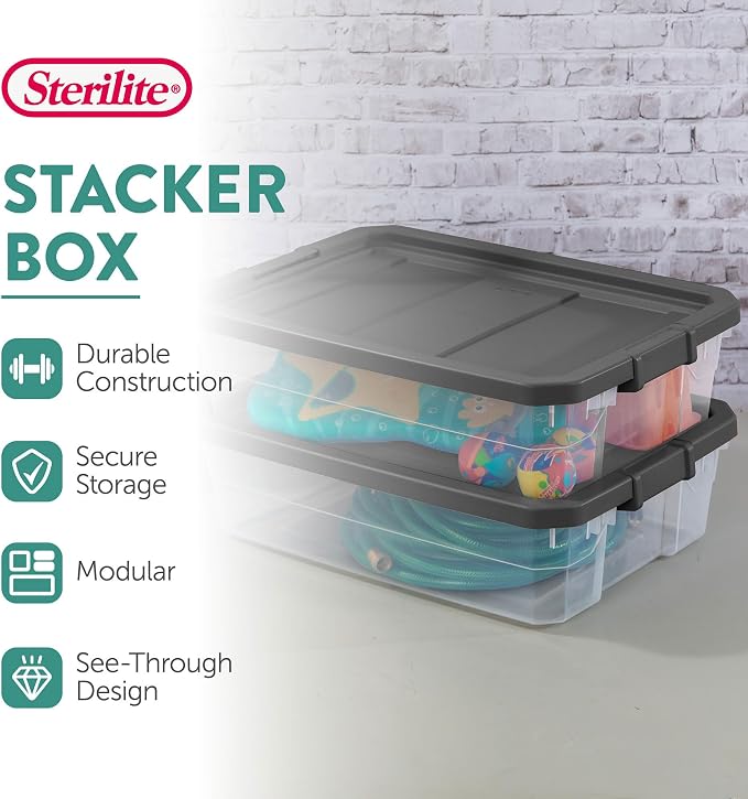 Sterilite 12-Pack Modular Stacker Box, Durable Clear Plastic Storage Bins with Latching Lids, 40 Quart - Stackable Organizing Container Boxes for Closet, Bathroom, and Office