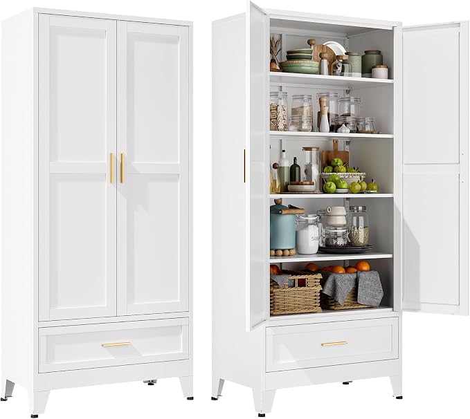 YAUWOH 71''Tall Kitchen Pantry Cabinet with Drawer,5-Tiers Metal Pantry Storage Cabinet with 4 Adjustable Shelves and 2 Barn Doors, Freestanding Farmhouse Food Cupboard for Dining Room (1PC,White)