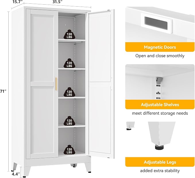 YAUWOH 71''Metal Cabinet with 4 Adjustable Shelves,5-Tier Pantry Storage Cabinet,Kitchen Pantry Cabinet for Living Room,Dining Room, (1PC,White)