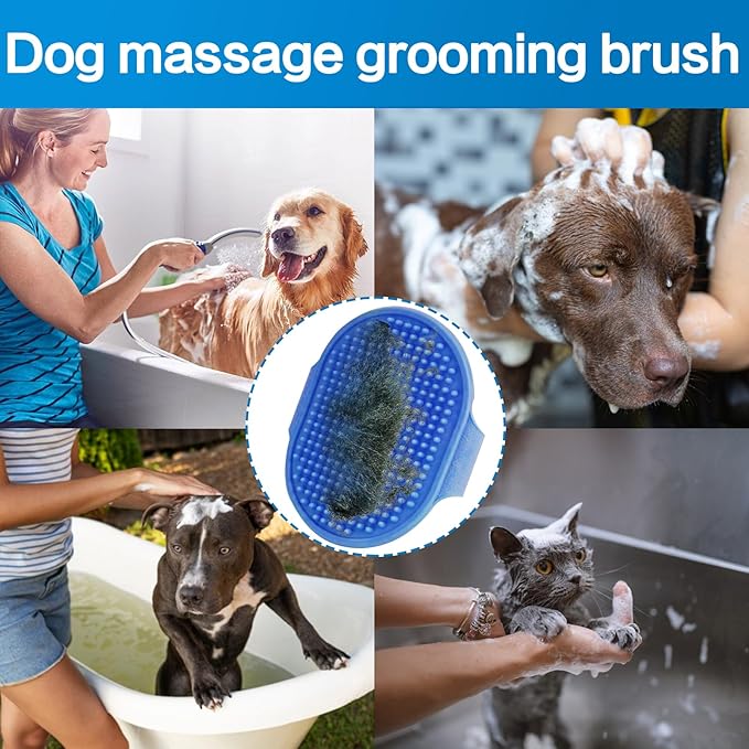 Pet Bath Brush, 2Pcs Dog Bath Brush 2 in 1 Dog Shampoo Brush with Built-in Soap Dispenser for Showering Long Short Haired Dogs Cats (Blue)