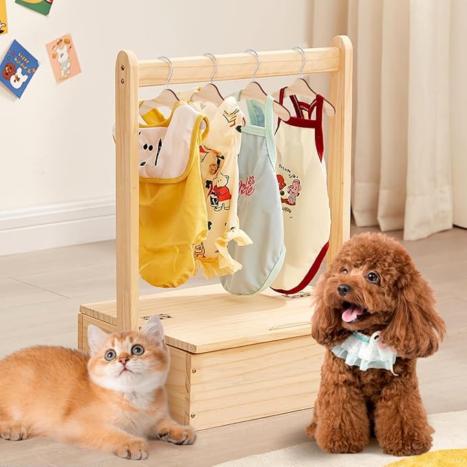 UKCOCO Pet Clothes Rack, with 10 Solid Wood Hangers, Wrinkle-Free Storage for Small Dogs & Cats, Travel-Ready Mini Wardrobe