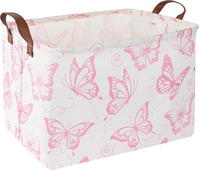 CLOCOR Rectangular Fabric Storage Bin, Waterproof Storage Box with Handles(Pink Butterfly)