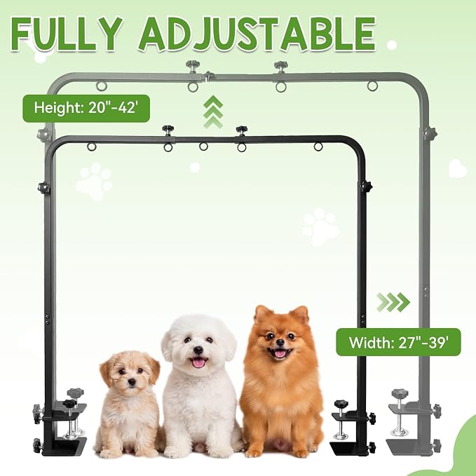 Adjustable Dog Grooming Stand for Table: 42" Height & 27"-39" Width, Includes Hammock & 2 No-Sit Nooses, Heavy-Duty Dog Grooming Arm for Bathing Nail Trimming Drying Cutting Cats & Dogs at Home