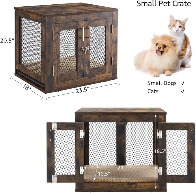 unipaws 23.5 Inch Small Dog Crate Furniture, Wooden Dog Kennel with Cushion | Indoor Wood Dog Cage with Tray and Dog Bed, Inside Side End Table Crate for Puppy, Cats, Min Pigs, Rabbit, Up to 25 lbs