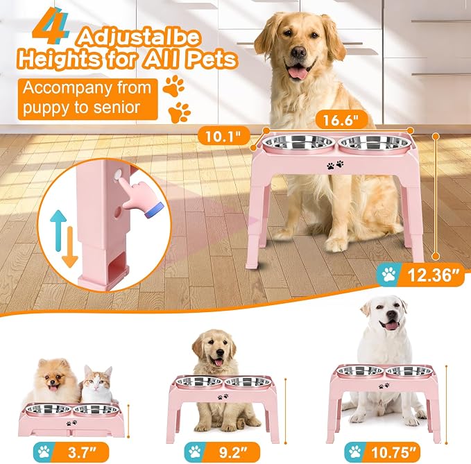 COMESOON Elevated Dog Bowls, 4 Height Adjustable Raised Bowl Stand with 2 Thick 50oz Stainless Steel Food Bowls Non-Slip Feeder Adjusts to 3.7'', 9.2'', 10.75'', 12.36'' Pink