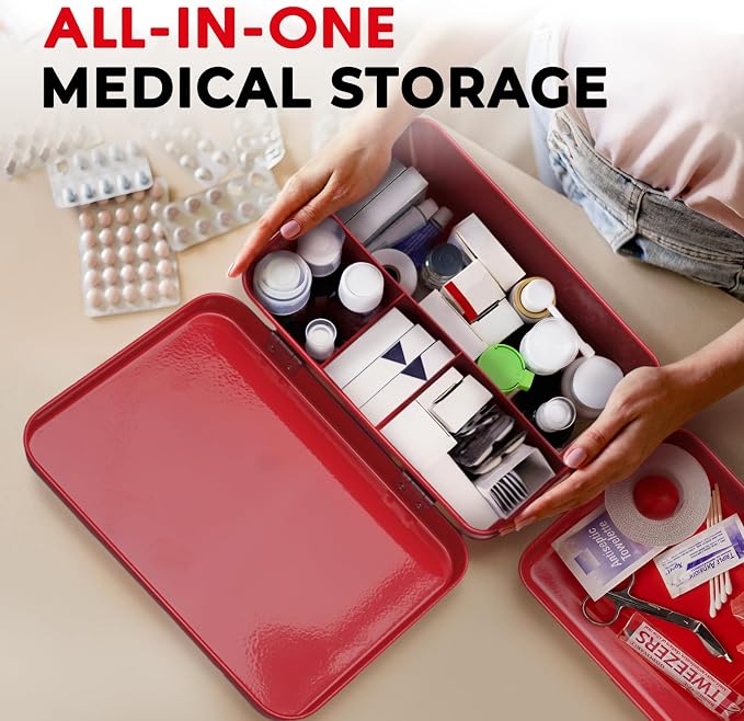 Plexon 8.5" Metal First Aid Box Empty, Medicine Storage Bin with Lid, Emergency Supplies Organizer, Portable First Aid Kit Case, Red