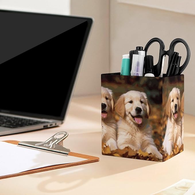 Golden Retriever Dogs Puppies Pets Square Leather Pen Holder Desk Organizer | Pencil Holder Makeup Brush Holder Storage Box for Office Home Supplies, Gift for Teacher Colleague 4.3*3*3.5 In