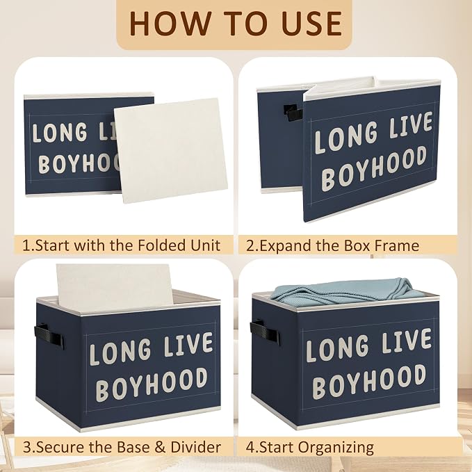 Boy Nursery Foldable Storage Bins Box with Handles, Long Live Boyhood Navy Blue Decorative Storage Boxes Baskets Toybox Organizer for Kids Boy Nursery Toddler Room Bedroom Playroom