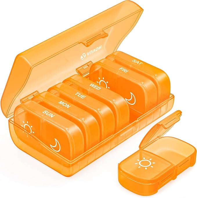 AUVON Weekly Pill Organizer 2 Times a Day, One-Side Large Opening, Easy‑Use | XL AM PM Pill Case, Travel Pill Box 7 Day, Medication Organizer for Medications, Vitamins, Fish Oils, Supplements, Orange