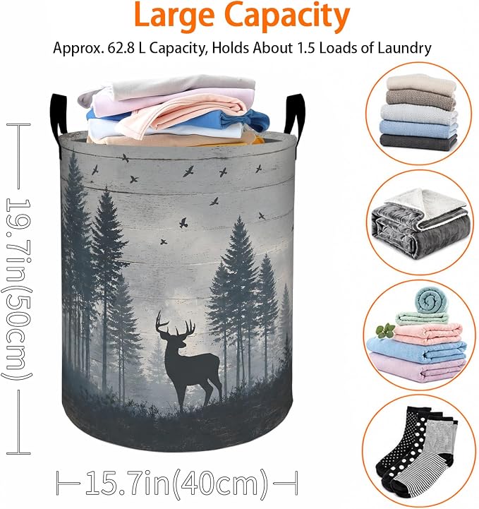 Rustic Deer Laundry Basket, Pine Tree Forest and Bird Oxford Cloth Dirty Clothes Collapsible Hamper for Room Decor, Woodland Gifts, Toy Organizer 19.7 x 15.7 Inches for Bedroom Bathroom Dorm