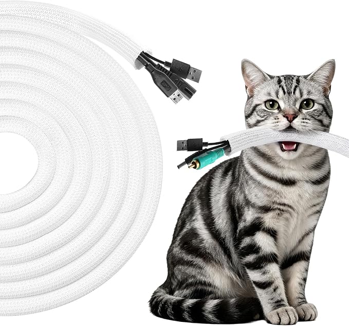 25ft - 1/2 inch Cord Protectors from Pets Cable Sleeve, White | Split Wire Loom Tubing, Cord Protector From Cat Dog Chewing For Audio Cable Power Cord, Heat Resistance