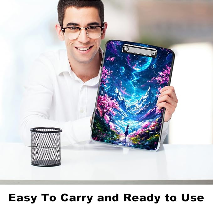 Moon Pink Tree A4 Clipboard with Storage Pen Holder, Clipboards Organizer Nursing Clipboard Foldable File Folder Plastic Clipboard Folio Clip Board for Office Students Classroom Doctor