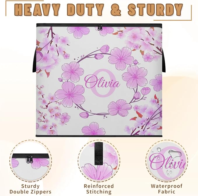 Personalized Extra Large Storage Bins with Lid, Customized Name Jumbo Storage Basket Clothes Organizer for Organizing Kids and Pets Toys Shelf Closet, Violet Pink Cherry Blossom Floral