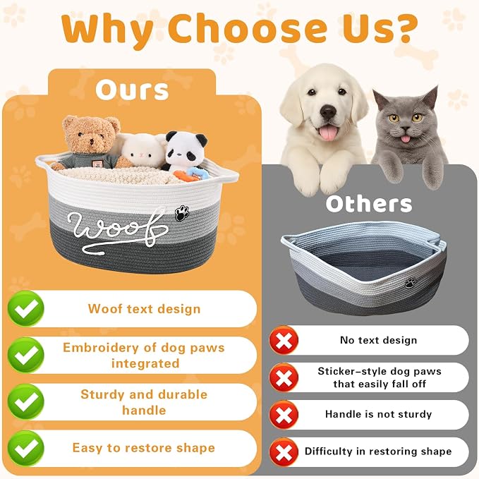 Woof Dog Toy Basket with Handles, Large Dog Toy Storage Bin with Paw Print, Woven Dog Basket for Blankets, Toys, Chews, Pet Toy Box for Nursery, Living Room, Bedroom, 17”x12”x9, Grey