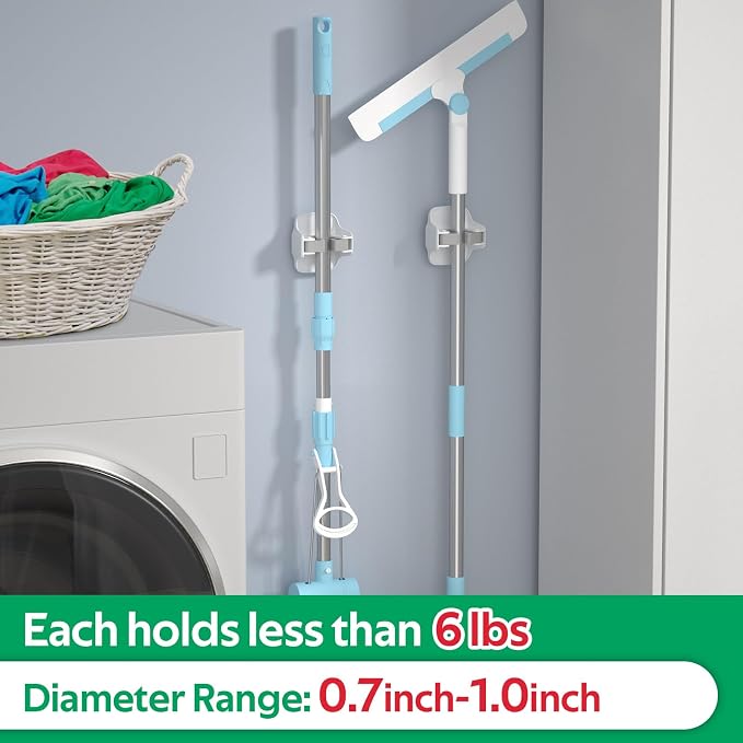 reliahom Broom Holder Wall Mount Mop Grippers organizer wall hanging, 5Pack | No Drilling Self Adhesive Easy install Anti-Slip Mop Broom Hanger Storage Rack for Kitchen,Laundry Room,Garden,Garage, White