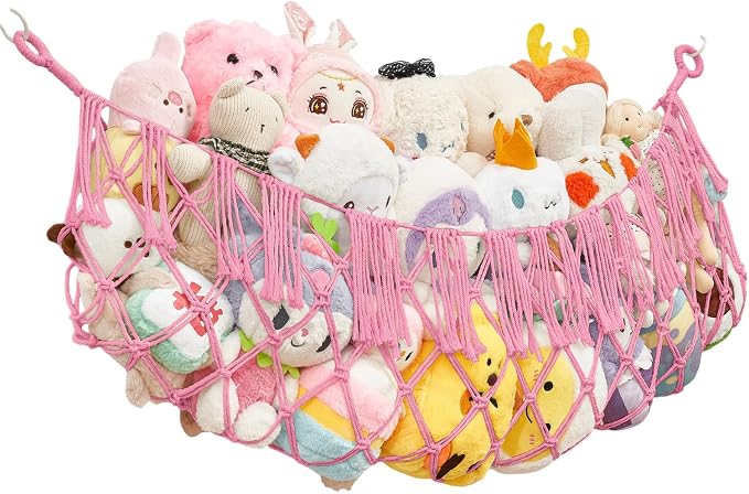 Stuffed Animal Net Hammock, Save Space Eliminate Clutter (Pink) | Premium Cotton Hand-knitted plush hammock, Boho Stuffed Animal Storage for Nursery, Bedroom Decor, playrooms