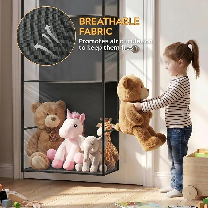 Over the Door Stuffed Animal Storage with Clear Dust Cover | 4 Tier Extra Large Hanging Toy Organizer for Plush Toys, Nursery Bedroom and Kids Room Storage
