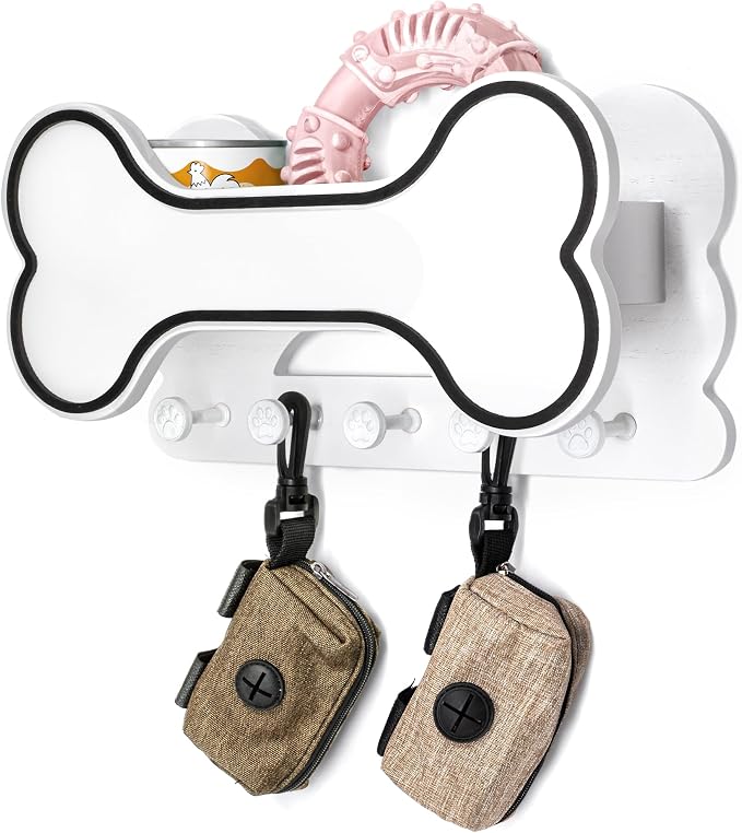 MTERSN Dog Leash Holder for Wall for Apartment Essentials, Black & White | Chic 3D Puppy Paw Hooks for Dog Leash, Doggie Bone Shape, Key Holder for Wall with 5 Hooks, Dog Stuff Storage Shelf