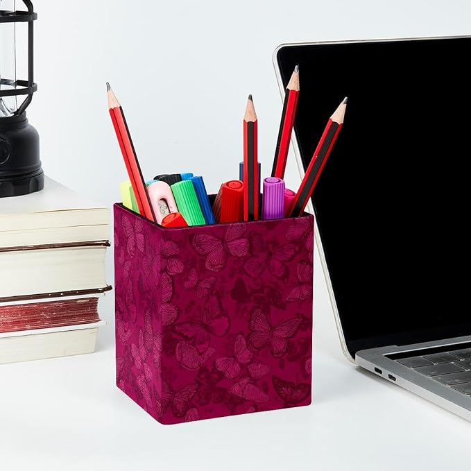 Butterfly Pen Holder for Desk Decor, Rectangular PVC Leather Pencil Cup for Desk Pen Organizer, Makeup Brush Holder for School, Home, Office