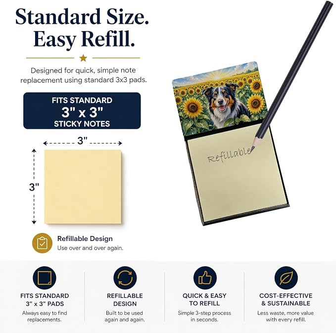 Caroline's Treasures Border Collie in Sunflowers Watercolor Sticky Note Holder Refillable Dispenser Desk Accessory 3x3 Pad Gift