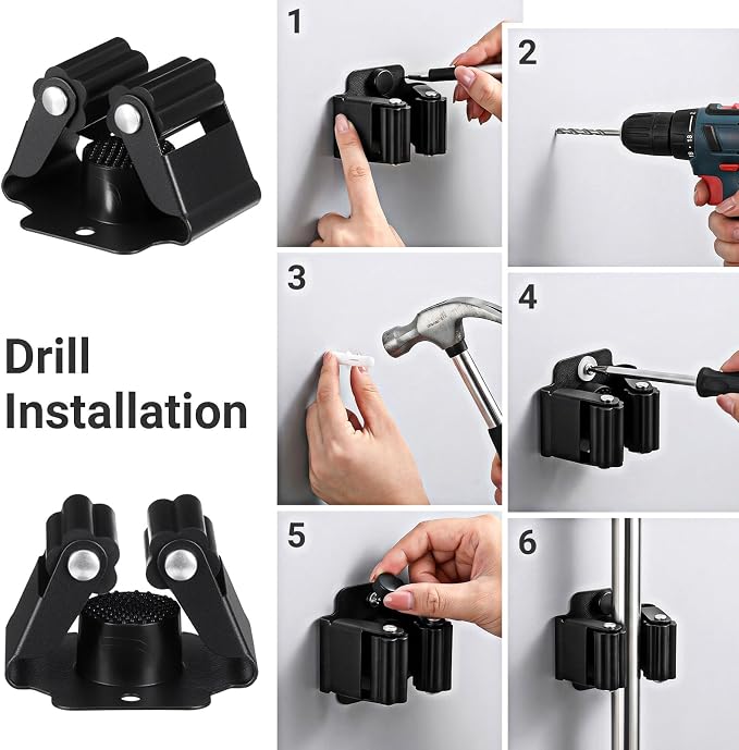 24Pcs Mop and Broom Holder Wall Mount with Screws Matte Black | Heavy Duty Garden Tool Organizer Rack Broom Hanger, Stainless Steel Mop Hanger Wall Mounted for Space Saving