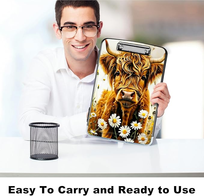 Flower Yellow Cow A4 Clipboard with Storage Pen Holder, Clipboards Organizer Nursing Clipboard Foldable File Folder Plastic Clipboard Folio Clip Board for Office Students Classroom Doctor