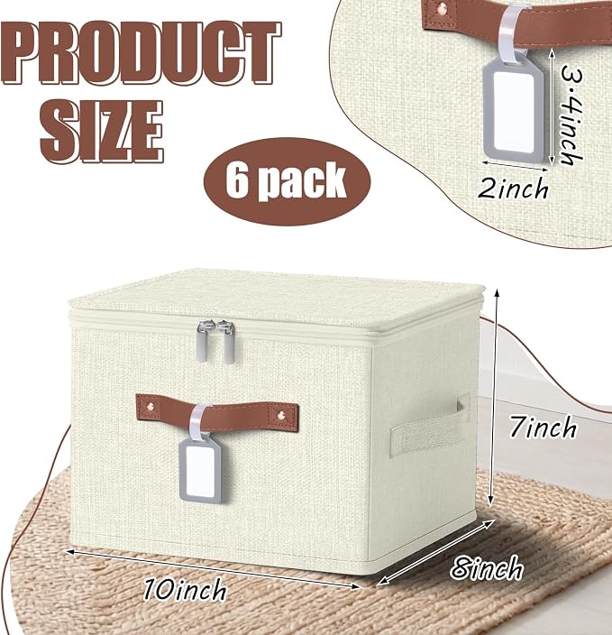 6 Pack Fabric Closet Storage Bins with Zipper Lids and Label, 10×8×7In Large Size Foldable Cotton Linen Storage Cubes Boxes with PU Leather Handles Holders for Bedroom, Shelf, Nursery, Beige