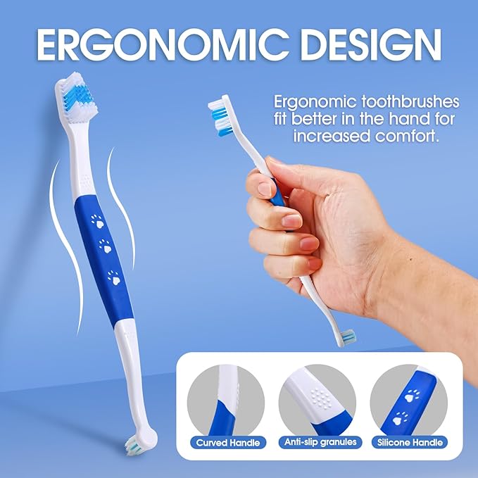 Dog Toothbrush – Newly Upgraded Dual-Head Design with 60° Wavy Bristles – Gently Surrounds Teeth for Deep Cleaning and Plaque Removal – Non-Slip Handle, Ideal for Daily Pet Dental Care (Blue, 1-Pack)