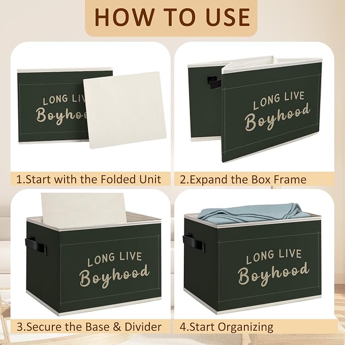 Boy Nursery Foldable Storage Bins Box with Handles, Long Live Boyhood Dark Green Minimalist Decorative Storage Boxes Baskets Toybox Organizer for Kids Boys Nursery Room Bedroom Playroom